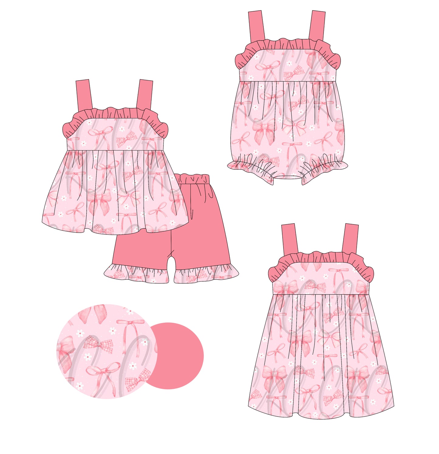 Preorder moq 5 Custom Baby Girls Peach Strap Bows Tunic Ruffle Short Set Knee Length Dress And Rompers