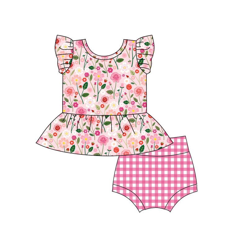Baby Girls Toddler Pink Flowers Top Bummie Sets preorder(moq 5)