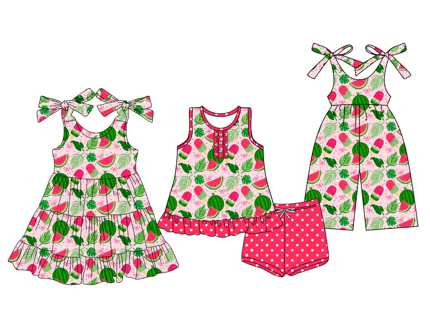 Preorder moq 5 Custom Baby Girls Watermelon Popsicle Button Tunic Polka Dots Short Set Knee Length Dress Jumpsuits