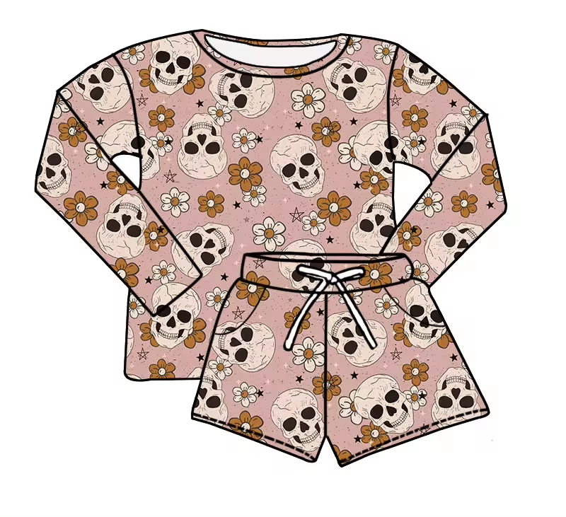 Baby Girls Halloween Skull Flowers Shirt Top Shorts Clothes Sets Preorder(moq 5)