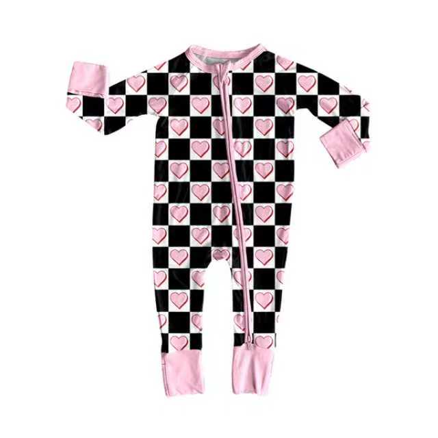 Preorder (moq 20)Baby Girls Bamboo Black Pink Checked Hearts Valentine Zippy Footie Rompers