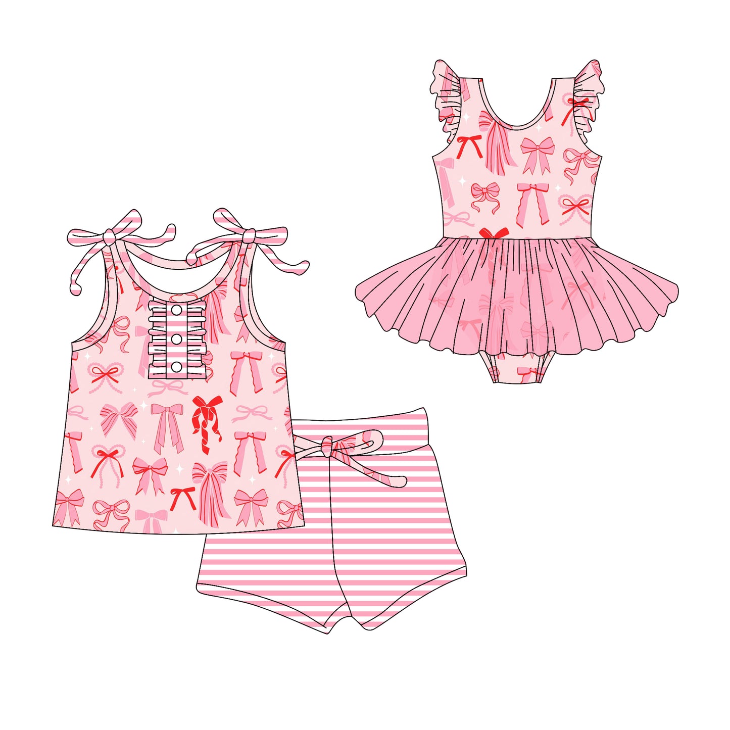 Preorder moq 5 Custom Baby Girls Pink Strap Bows Button Top Stripe Short Set Skort Bummise Romper