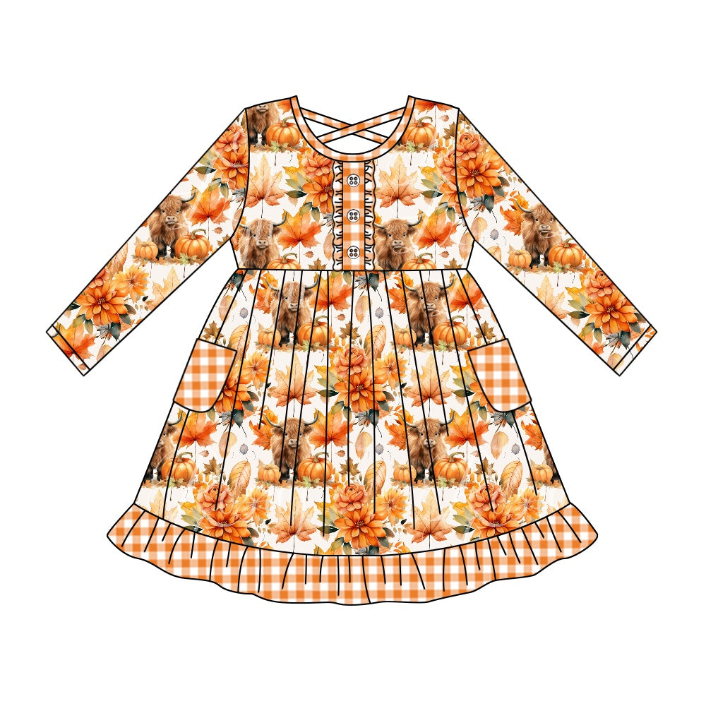 Baby Girls Fall Highland Cow Pumpkin Leaves Pockets Knee Length Dresses Preorder(moq 5)