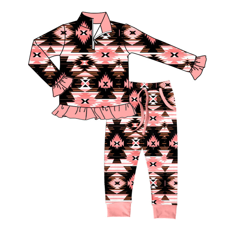 Baby Girls Pink Western Aztec Zip Top Pants Clothes Sets Preorder(moq 5)