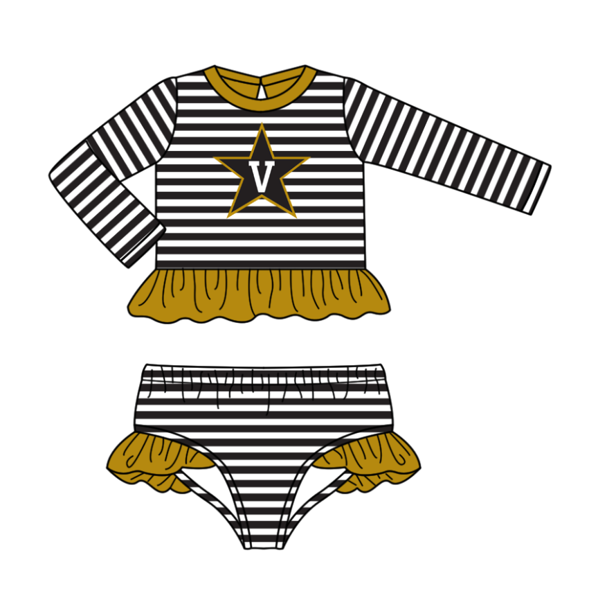 Preorder moq 5 Baby Girls Black Stripe Vanderbilt Top Bummies Shorts Team Swimsuits