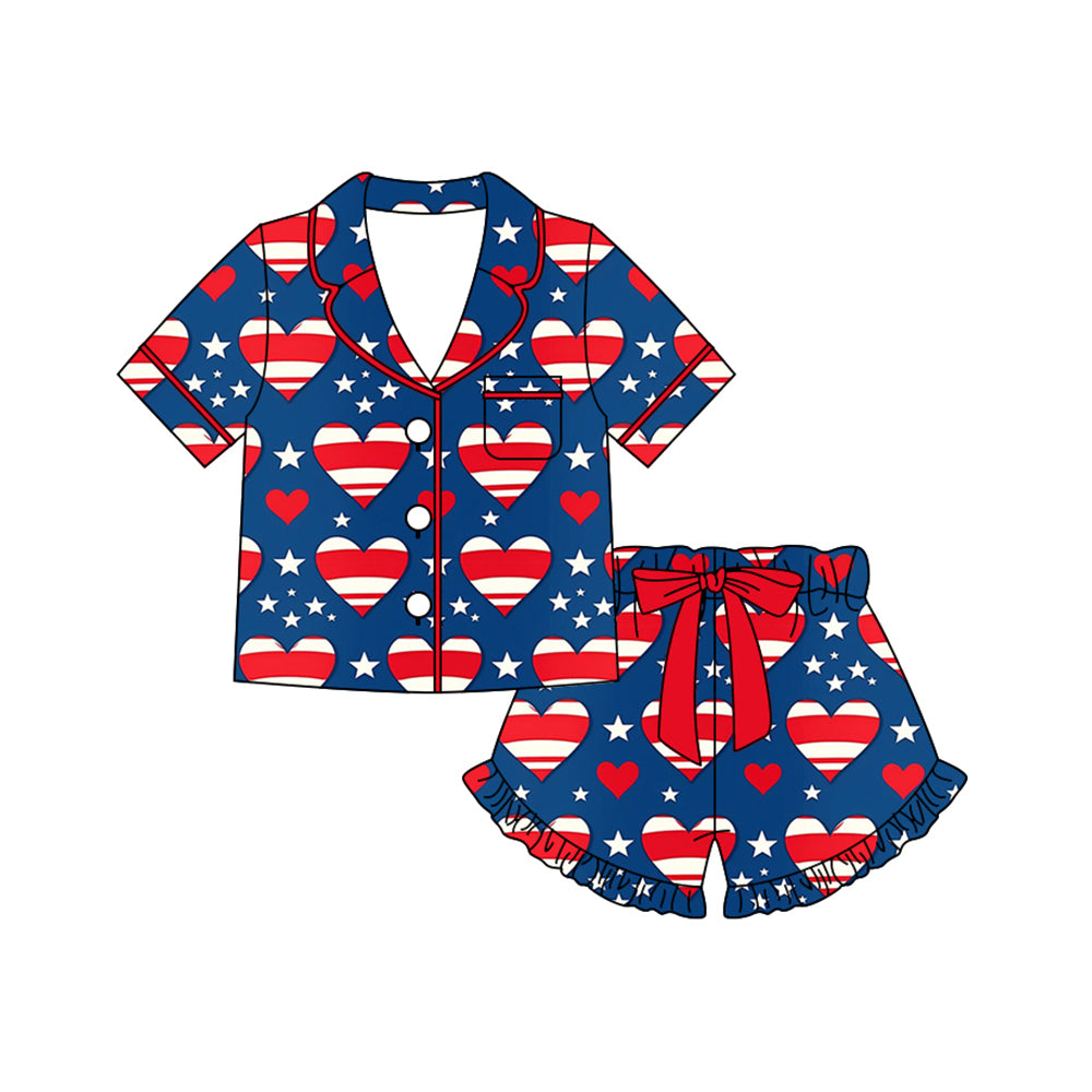 Preorder (moq 5)Baby Girls Red Blue Stars Hearts Button Pocket Top Ruffle Shorts 4th of July Pajamas Set