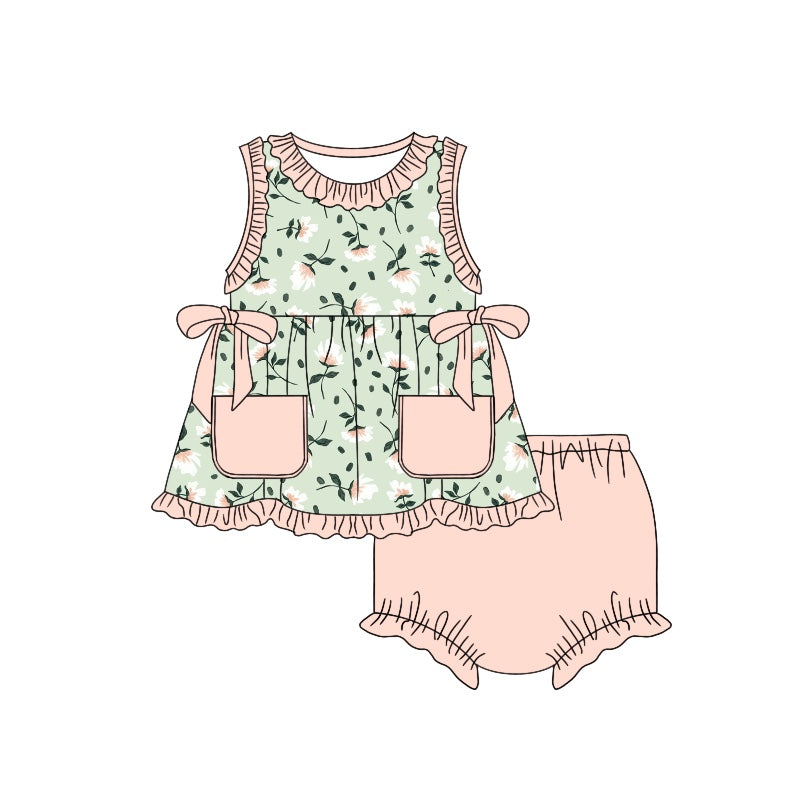 Baby Girls Toddler Green Flowers Bows Tunic Top Bummie Sets preorder(moq 5)