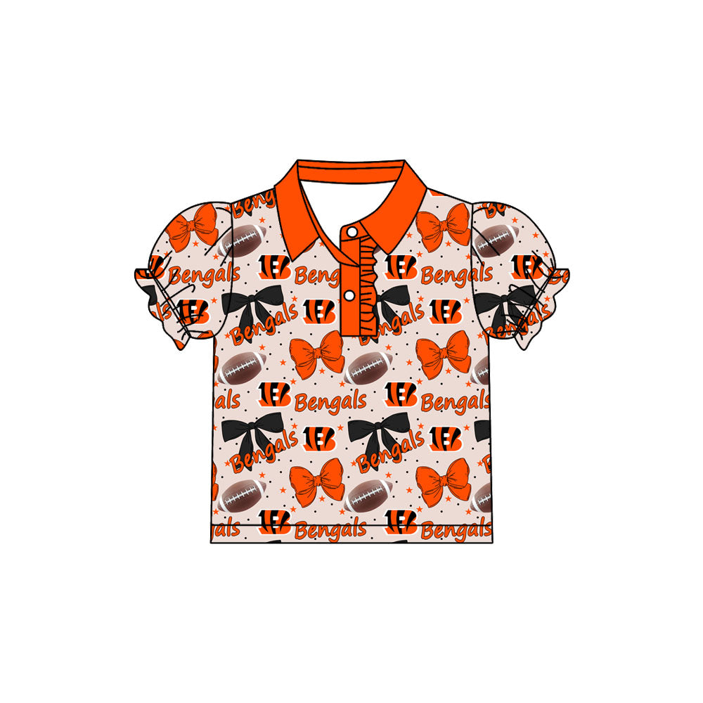 Preorder(moq 5)Baby Girls Bengals Bows Team Short Sleeve Tee Pullovers Polo Shirts Tops