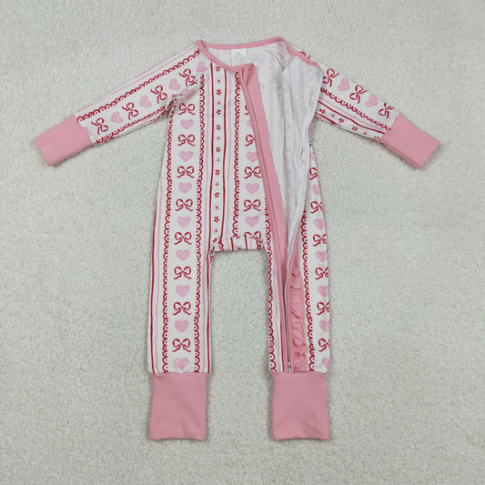Baby Girls Pink Bows Hearst Stripe Valentines Two Way Ruffle Zip Convertible Rompers