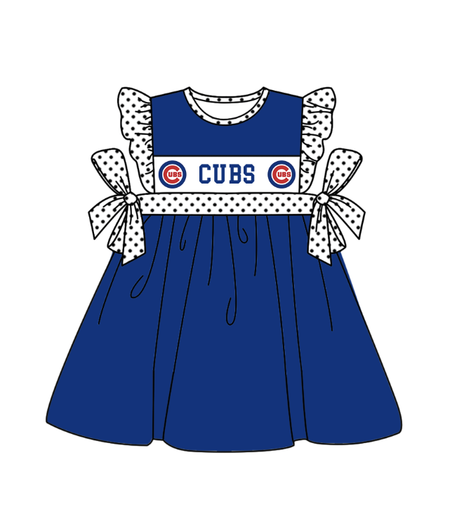 Preorder (moq 5)Baby Girls Polka Dots Flutter Sleeve Cubs Team Knee Length Dresses