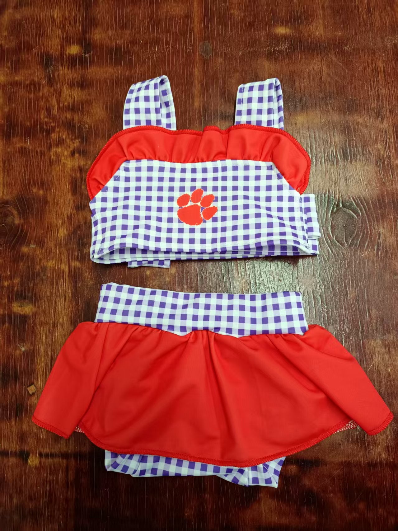 Preorder moq 5 Baby Girls Plaid Strap Orange Pawl Top Bummies 2 Pieces Swimsuits