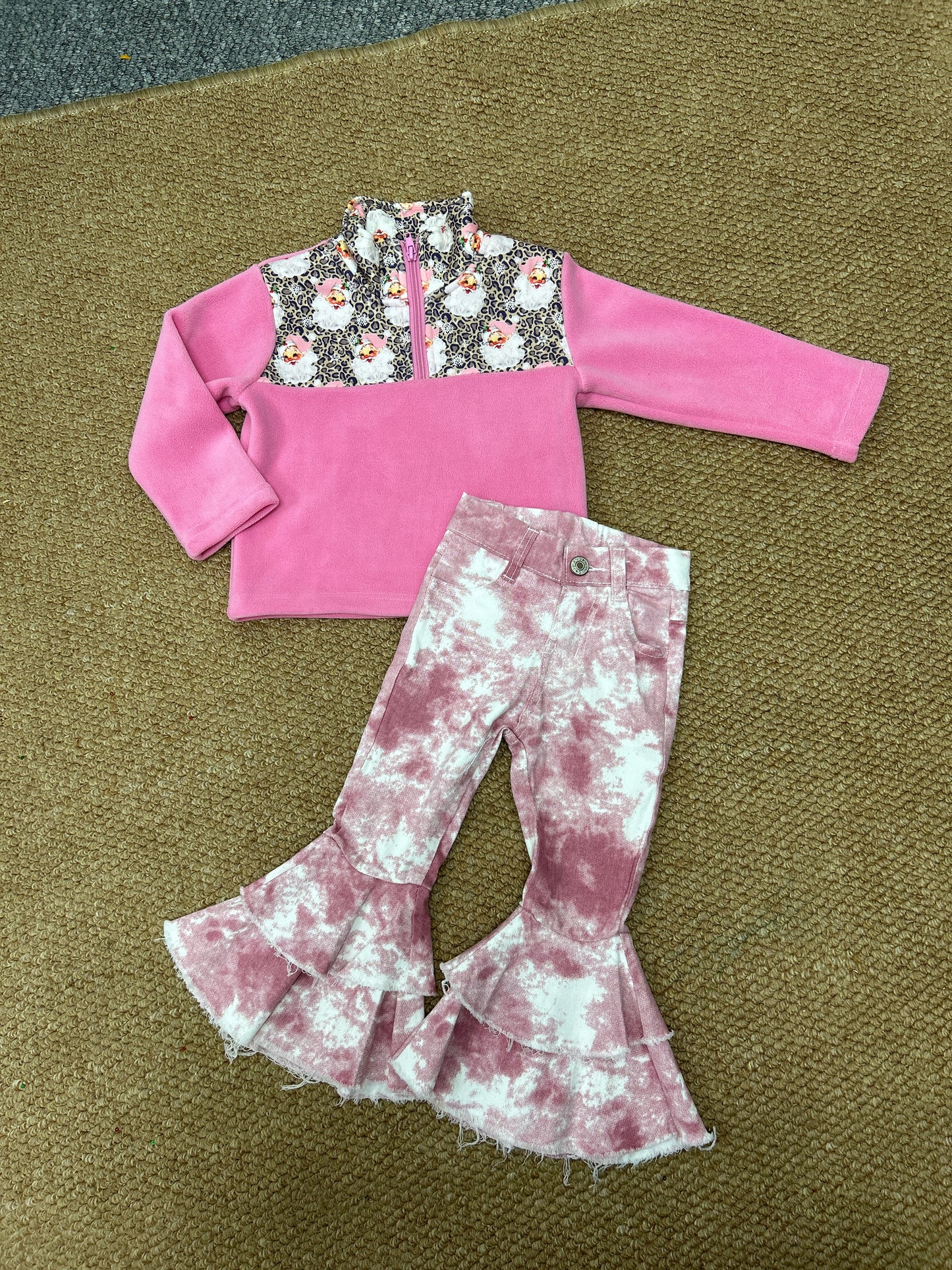 Baby Girls Leopard Santa Zip Pullovers Denim Jeans Christmas Clothes Sets