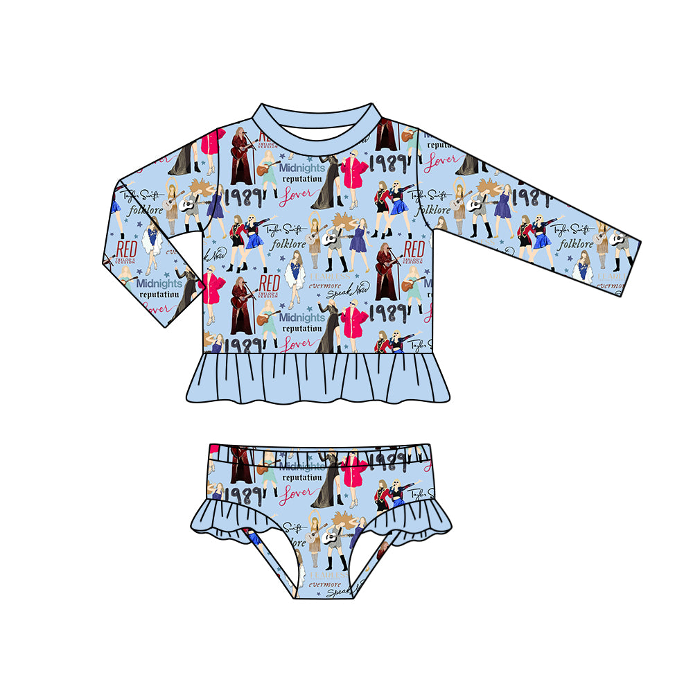 Baby Girls Blue Singer Long Sleeve Top Ruffle Bummie 2pcs Swimsuits preorder(moq 5)