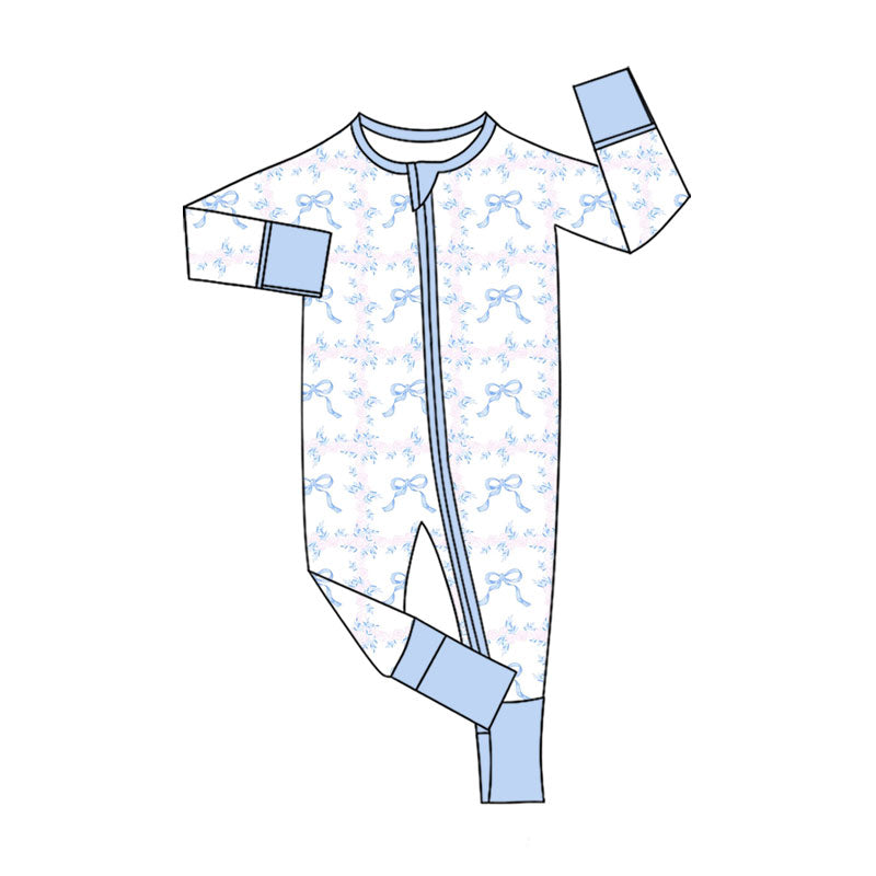 Preorder (moq 20)Baby Girls Bamboo Blue Bows Flowers Zipper Footie Rompers