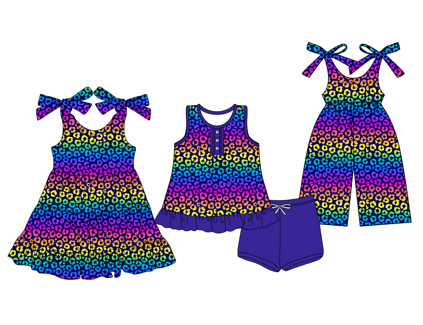 Preorder moq 5 Custom Baby Girls Colorful Leopard Button Tunic Purple Short Set Knee Length Dress Jumpsuits