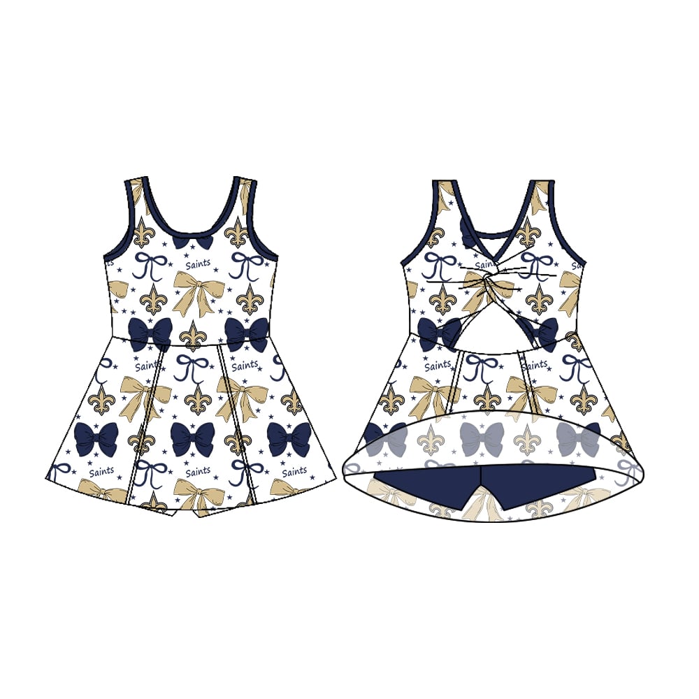 Preorder (moq 5)Baby Girls Sleeveless Saints Bows Shorts Team Knee Length Dresses