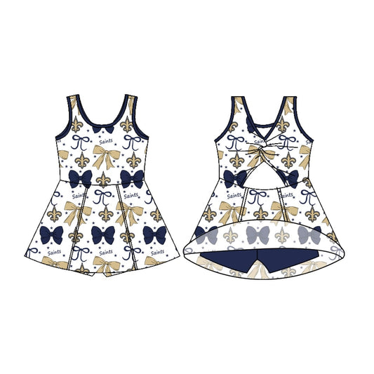 Preorder (moq 5)Baby Girls Sleeveless Saints Bows Shorts Team Knee Length Dresses