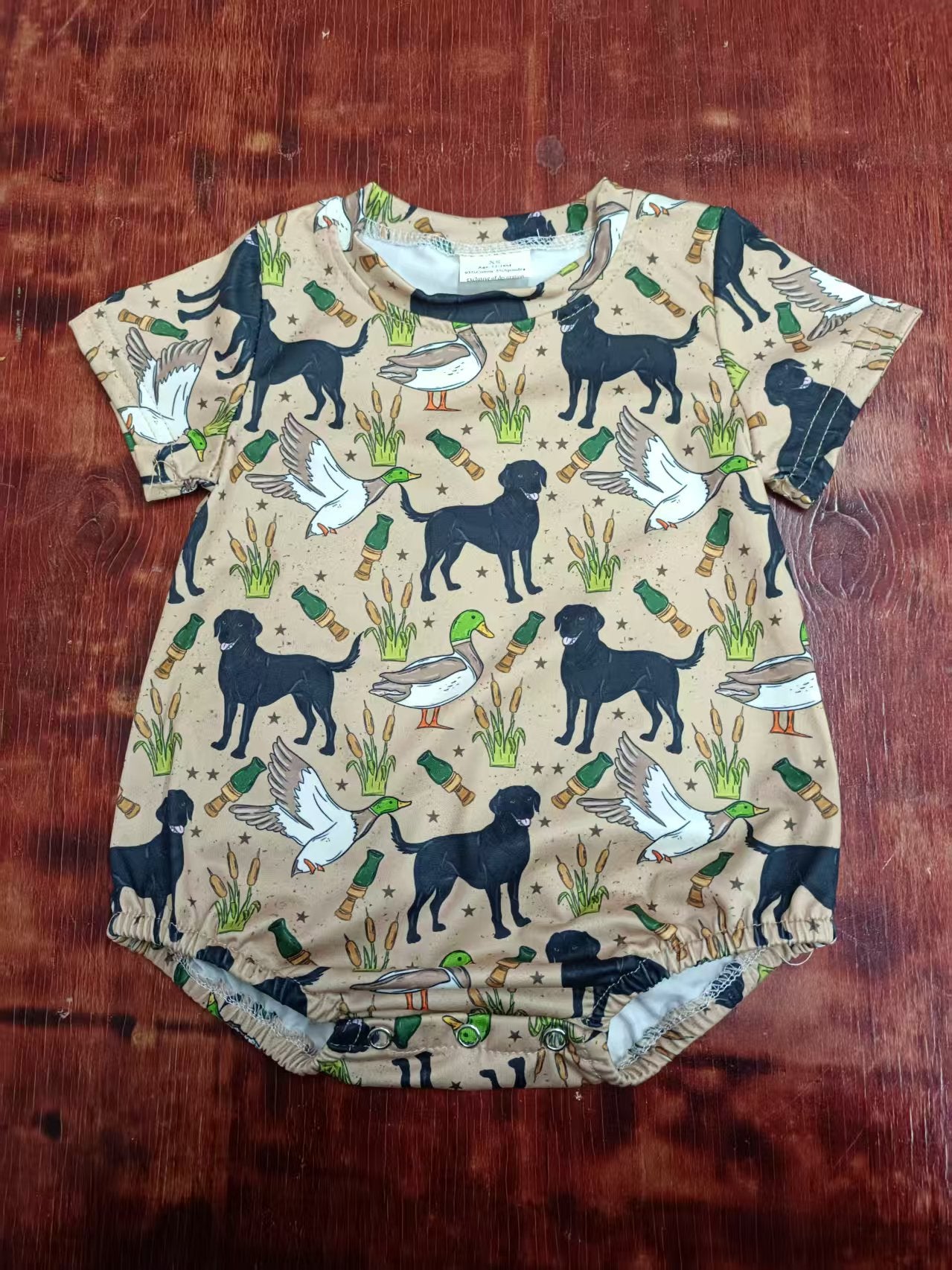 Preorder moq 5 Baby Boys Khaki Short Sleeves Dogs Ducks Calls Rompers