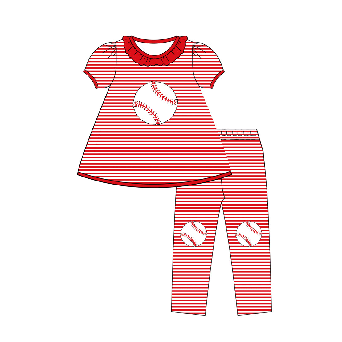 Preorder (moq 5)Baby Girls Red Stripe Baseballs Collar Tunic Leggings Team Clothes Sets