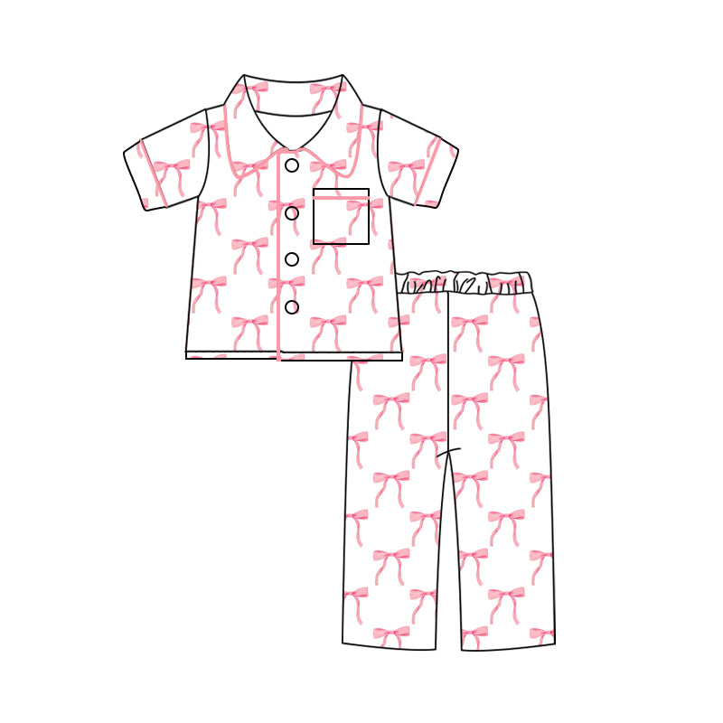 Preorder(moq 5)Adult Women Pink Bows Lapel Button Tee Shirts Pants Pajamas Sets