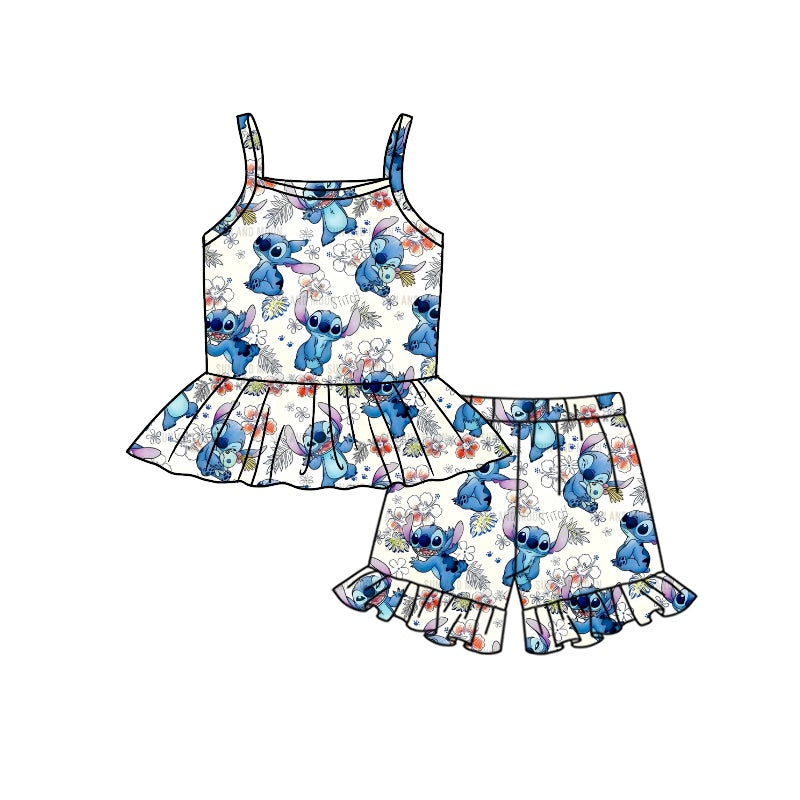 Baby Girls Cartoon Mouse Flowers Straps Top Ruffle Shorts Clothes Sets preorder (moq 5)