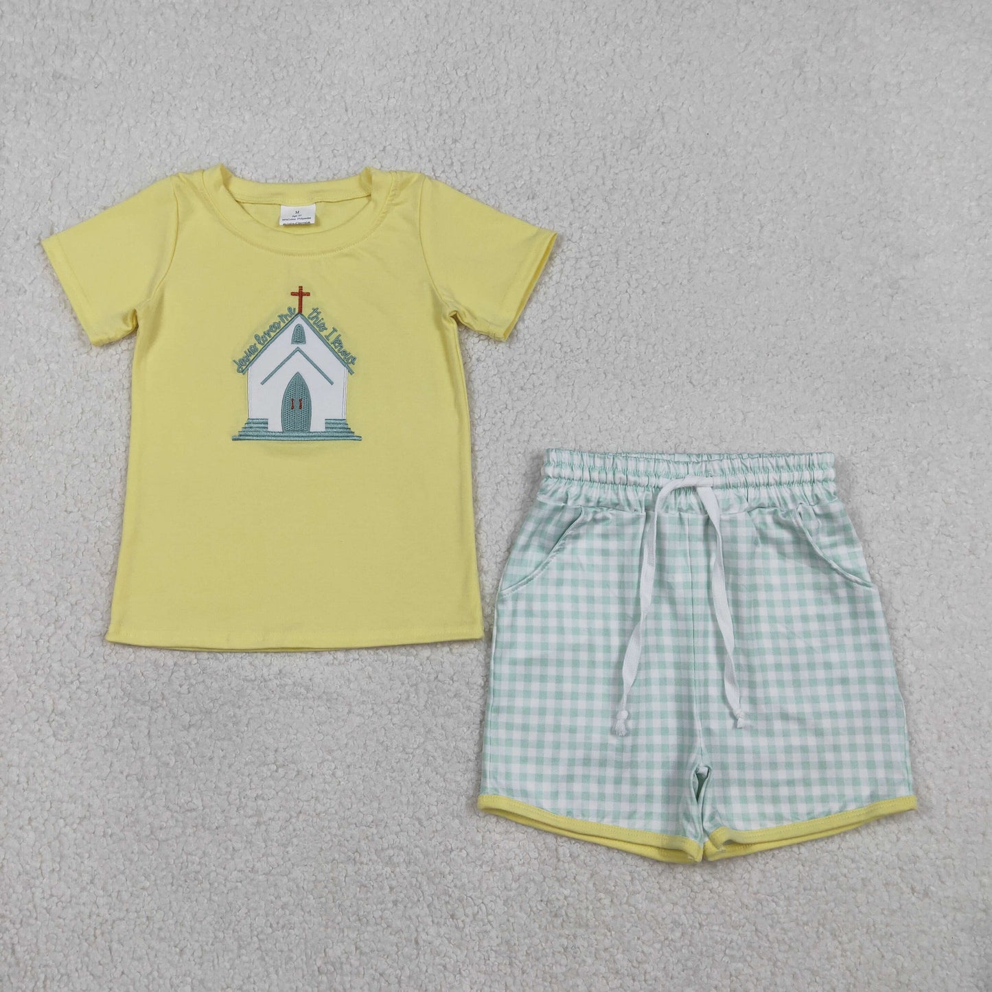Embroidery Church Crosses Baby Boys Checked Pockets Shorts Clothes Sets