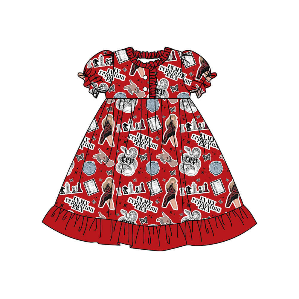 Preorder (moq 5)Baby Girls Red Singer Ruffle Knee Length Gowns Dresses