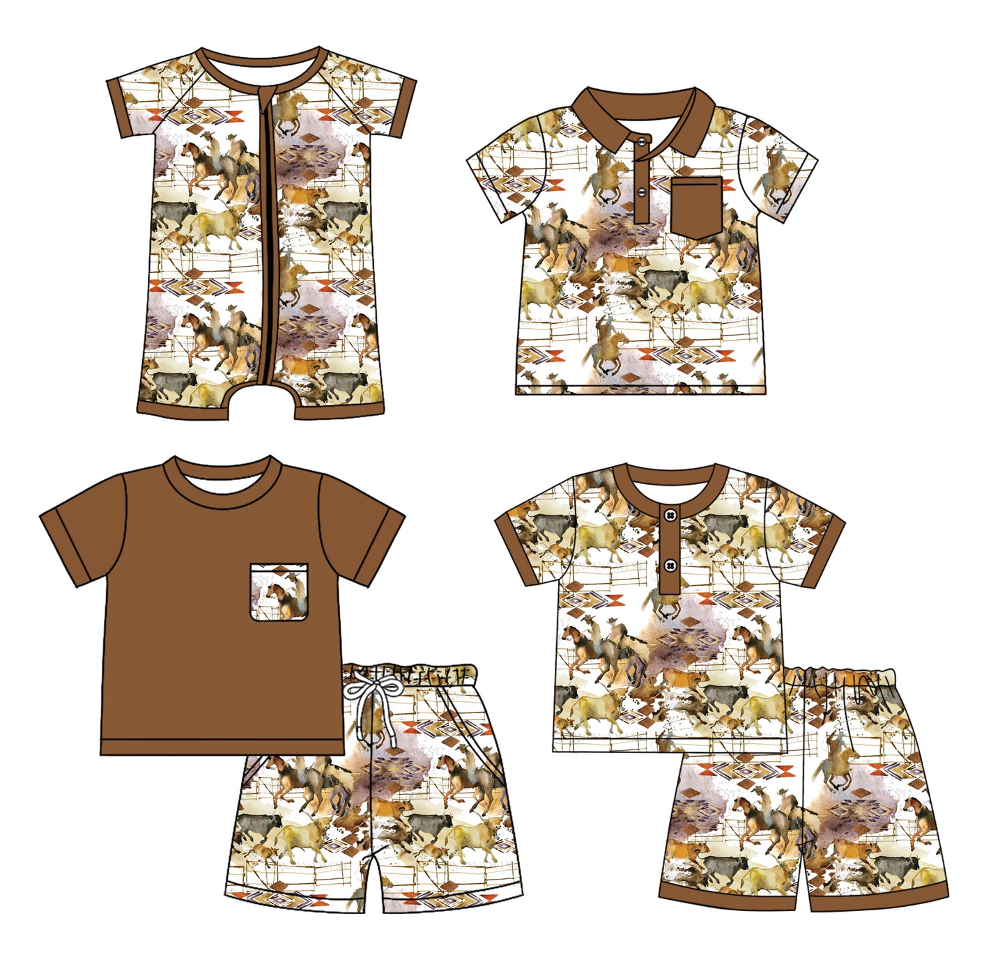 Preorder moq 5 Custom Baby Boys Brown Short Sleeves Button Pocket Horse Rodeos Top Short Set Polo Shirts And Zipper Rompers
