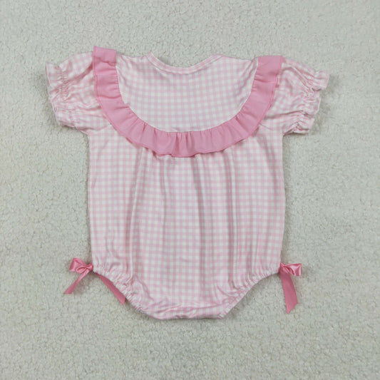 Baby Girls Pink Checked Rabbits Chicks Easter Ruffle Rompers