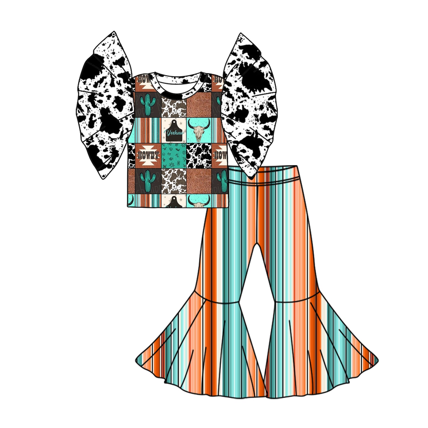Preorder (moq 5)Baby Girls Howdy Cowhide Shirt Bell Pants Clothes Sets