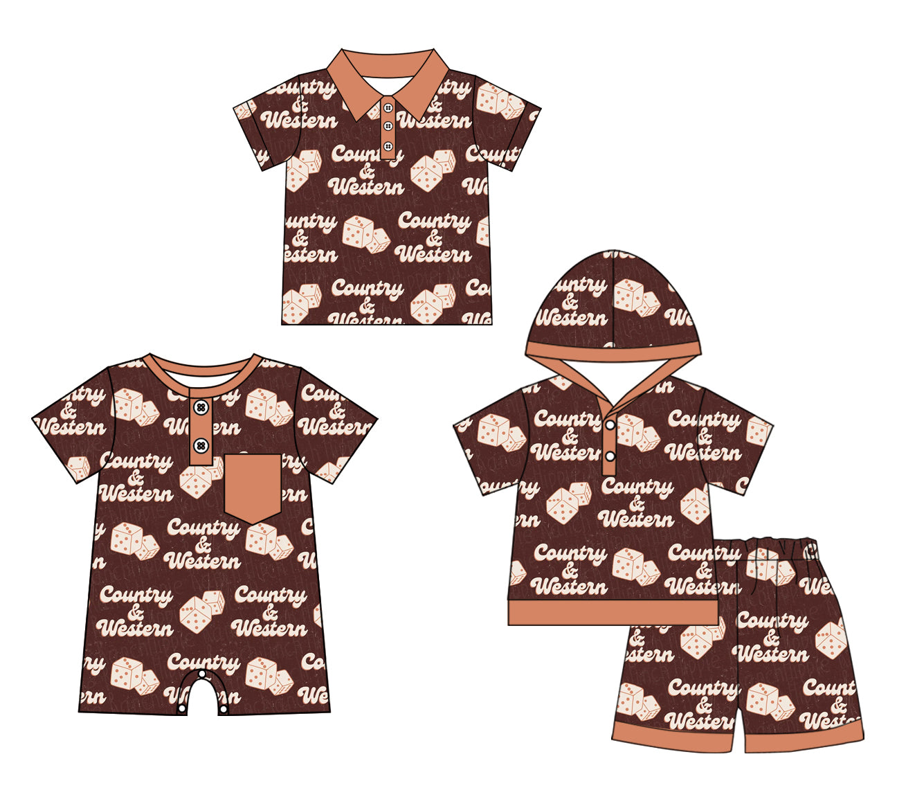Preorder moq 5 Custom Baby Boys Brown Short Sleeves Button Country Western Hoodies Short Set Polo Shirts And Rompers
