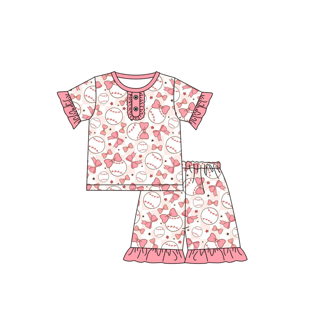 Preorder (moq 5)Baby Girls Pink Baseball Bows Shirt Top Shorts Pajamas Clothes Sets
