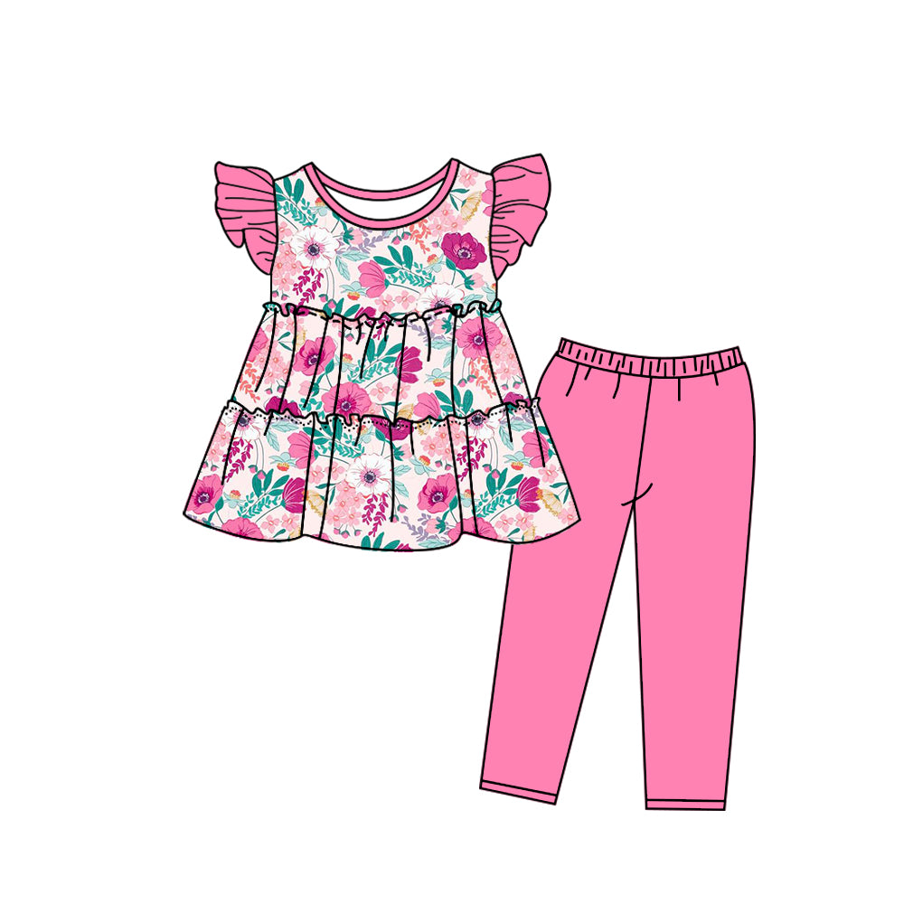 Baby Girls Blue Pink Green Flowers Tunic Top Legging Pants Clothes Sets preorder (moq 5)