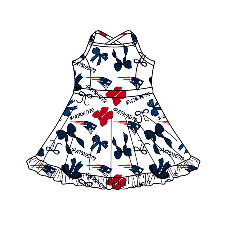 Preorder (moq 5)Baby Girls Strap Bows Patriots Team Short Ruffle Knee Length Dresses
