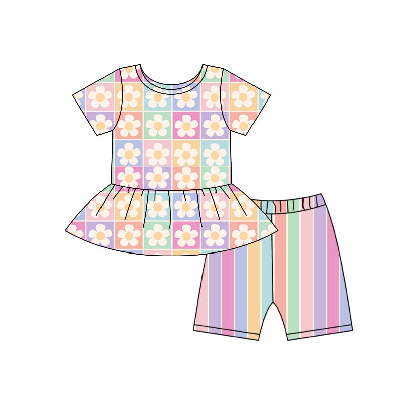 Preorder (moq 5)Baby Girls Colorful Checked Flowers Tunic Stripe Shorts Clothes Sets