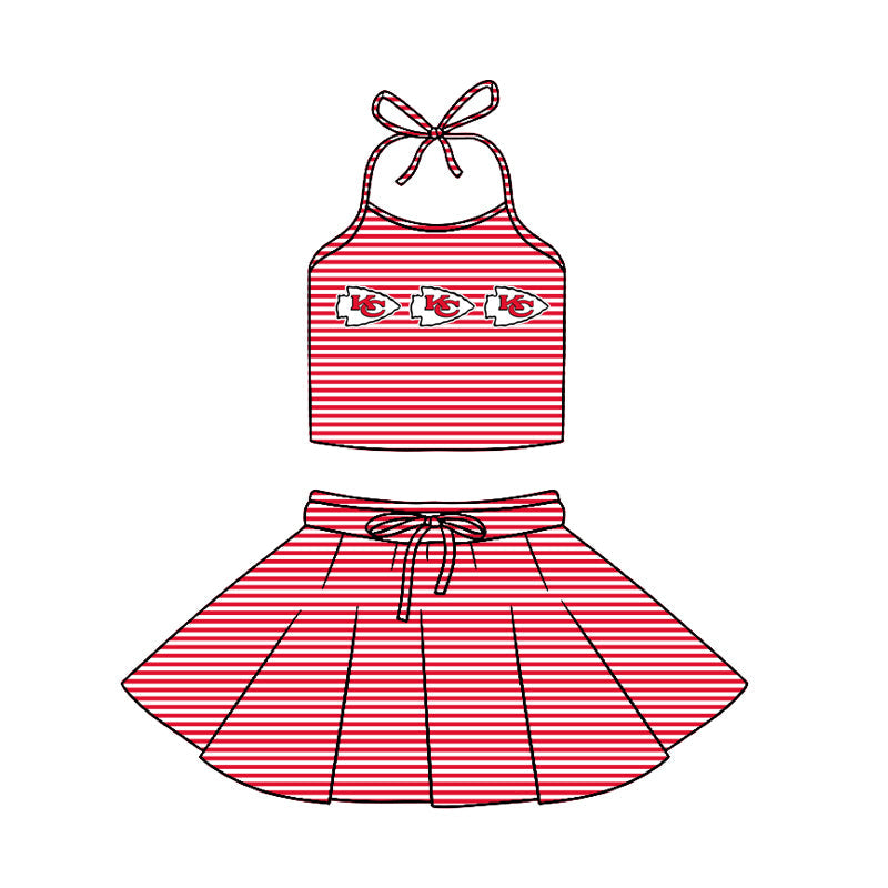 Preorder (moq 5)Baby Girls Strap Red Stripe KC Vest Top Skirt Shorts 2 Piece Team Swimsuits