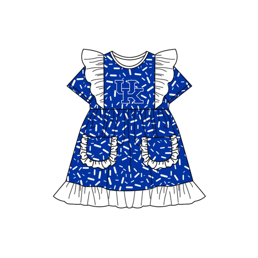 Preorder (moq 5)Baby Girls Flutter Short Sleeve Blue Sprinkles UK Pockets Team Ruffle Knee Length Dresses