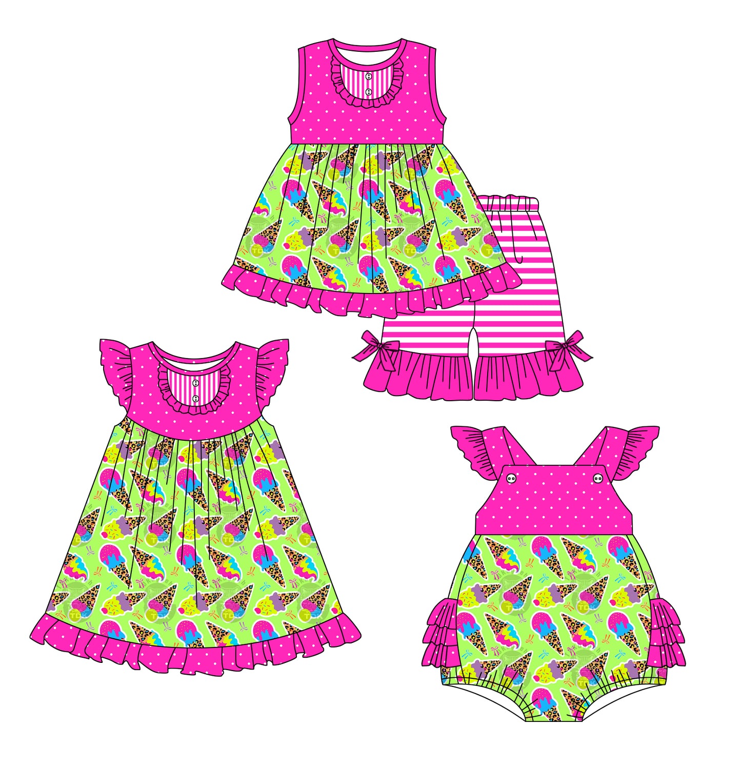 Preorder moq 5 Custom Baby Girls Hot Pink Sleeveless Polka Dots Ice Cream Tunic Ruffle Short Set Knee Length Dress And Rompers