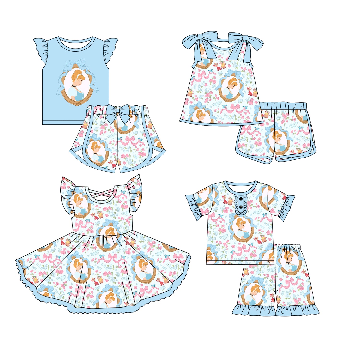 Preorder moq 5 Custom Baby Girls Blue Flowers Princess Top Short Sets Knee Length Dresses