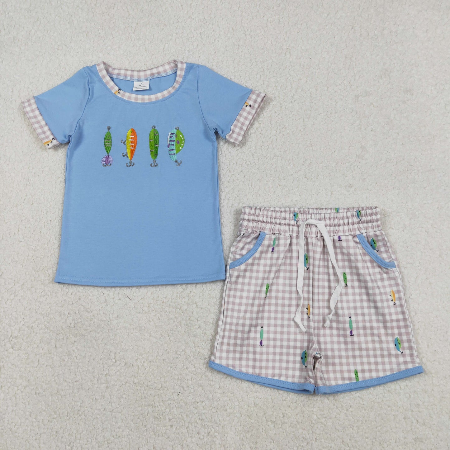 Embroidery Fishing Baby Boys Top Checked Pockets Shorts Hunting Clothes Sets