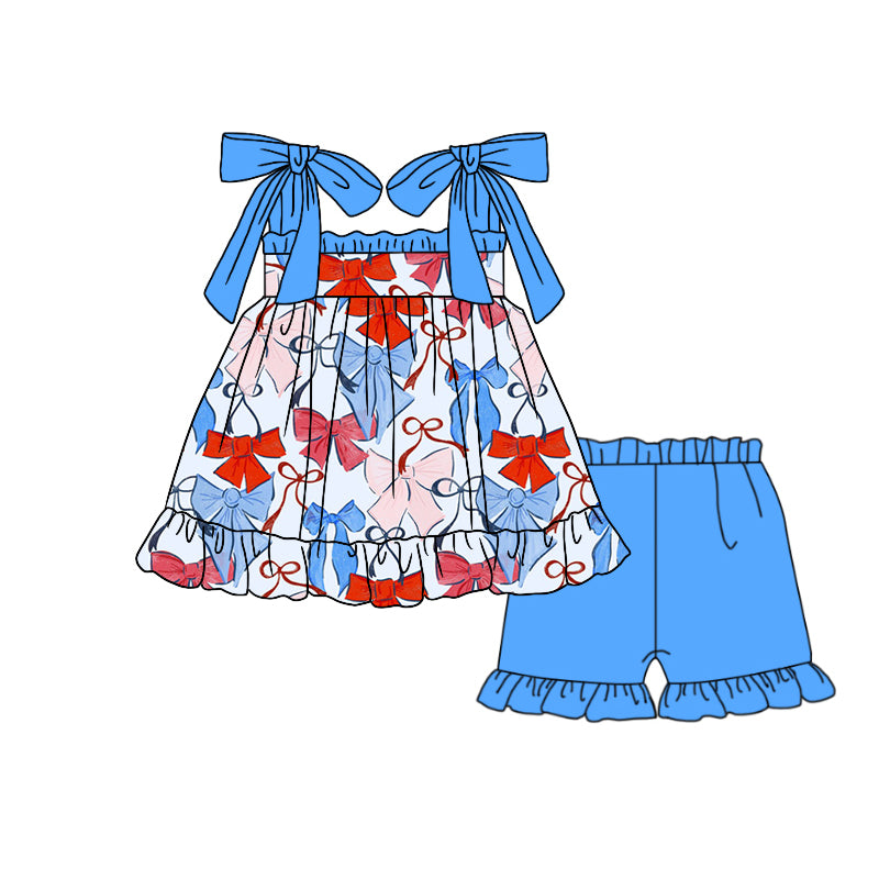 Preorder (moq 5)Baby Girls Straps 4th Of July Bows Tunic Top Ruffle Shorts Clothes Sets