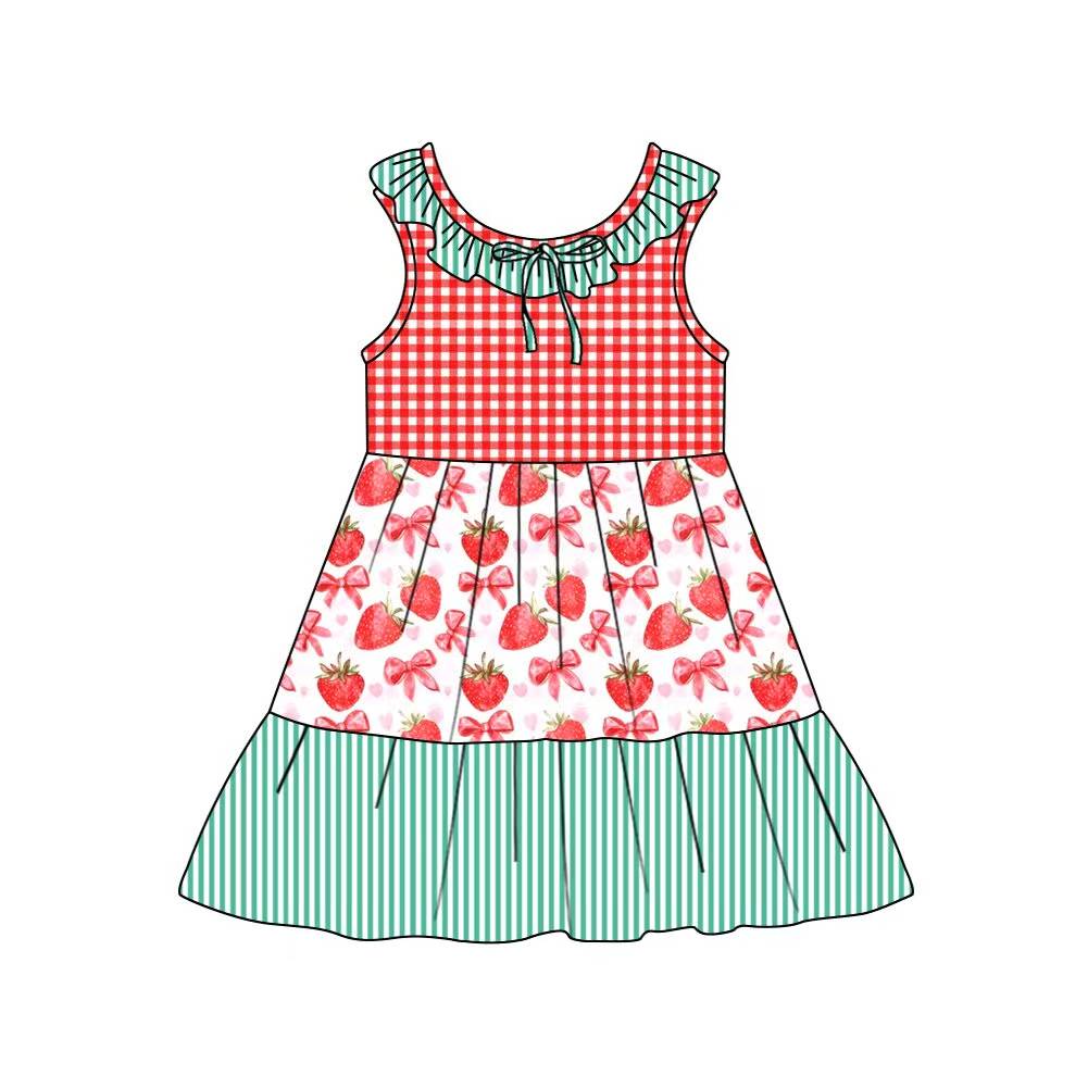 Preorder (moq 5)Baby Girls Collar Strawberry Checked Stripe Patchwork Knee Length Dresses