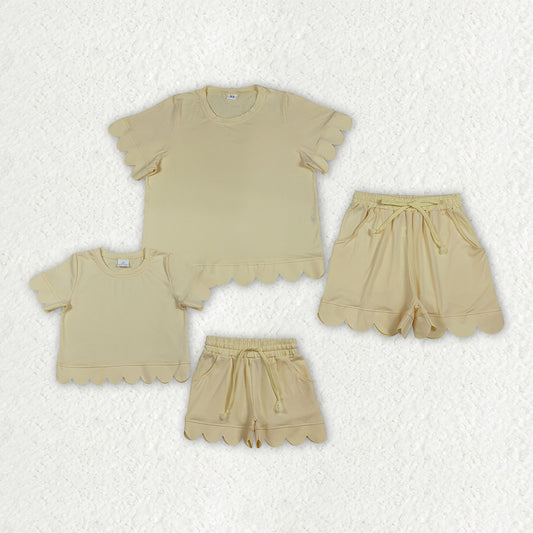 Mama and Me Girls Yellow Top Pockets Short Scallop Cotton Clothes Sets