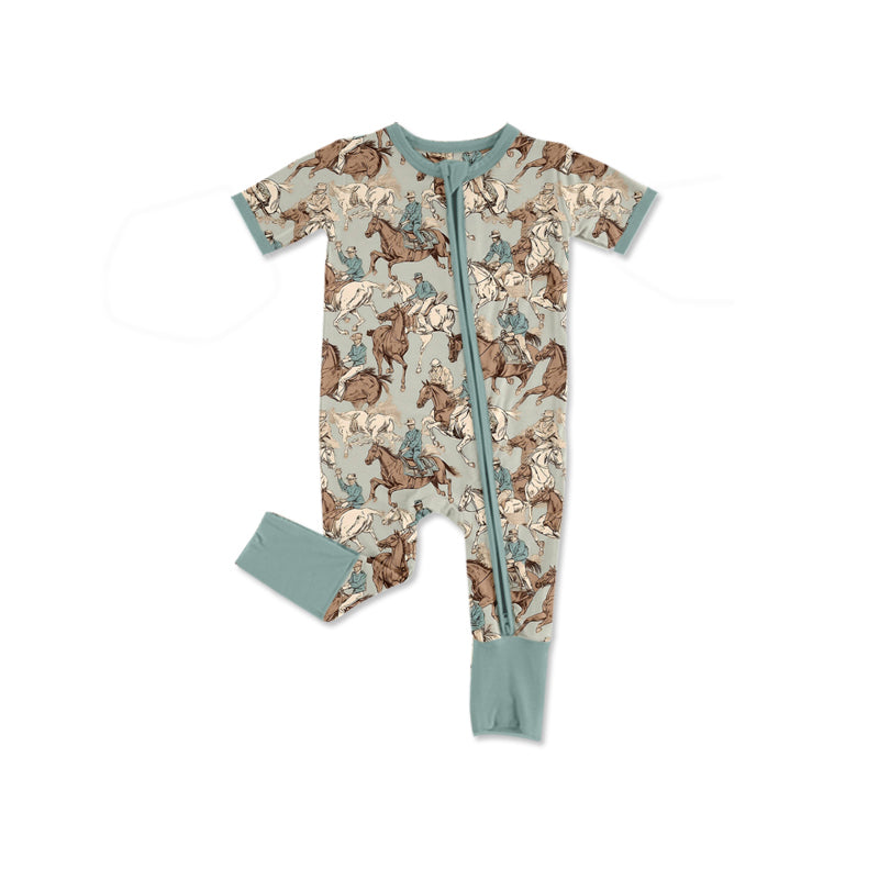 preorder(moq 5) Baby Boys Short Sleeve Horse Rodeos Western Two Way Zip Convertible Rompers