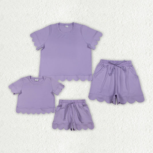 Mama and Me Girls Lavender Top Pockets Short Scallop Cotton Clothes Sets