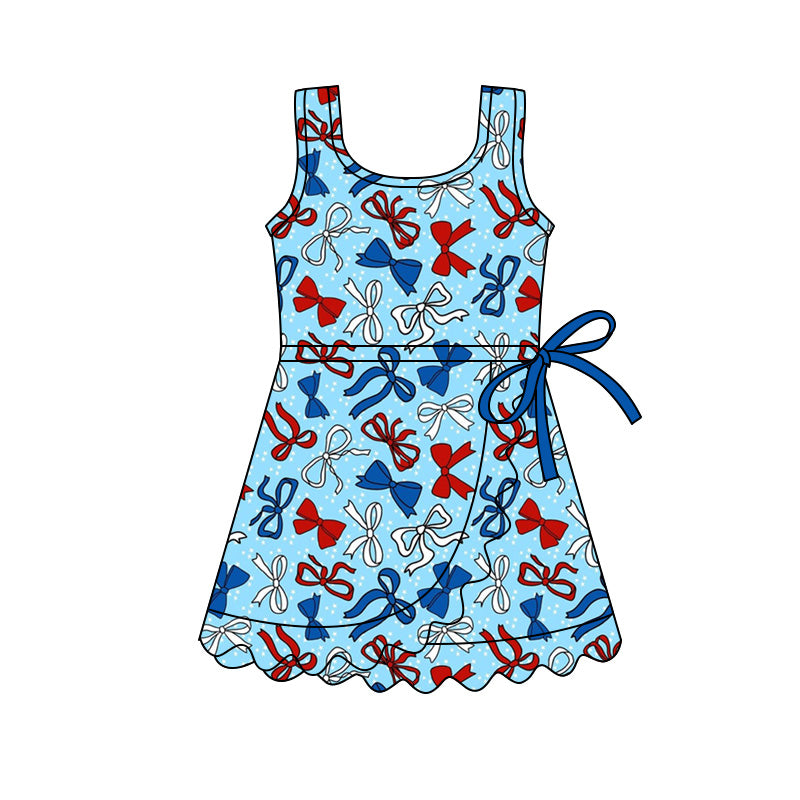 Preorder (moq 5)Baby Girls Red Blue Bows 4th of July Shorts Scallop Knee Length Dress