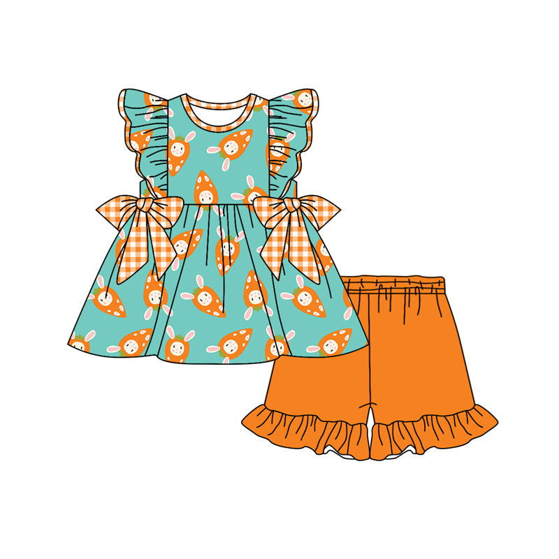 Preorder (moq 5)Baby Girls Rabbit Carrots Tunic Ruffle Shorts Easter Clothes Set