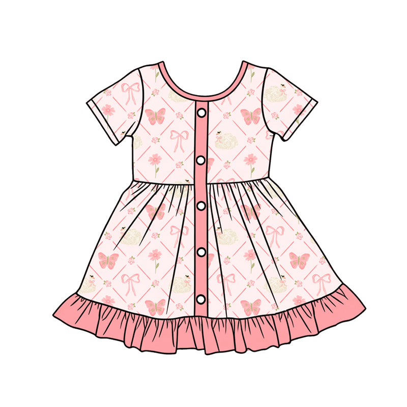 Preorder (moq 5)Baby Girls Bows Butterfly Checked Button Ruffle Knee Length Dresses