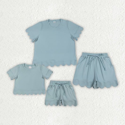 Mama and Me Girls Light Blue Top Pockets Short Scallop Cotton Clothes Sets