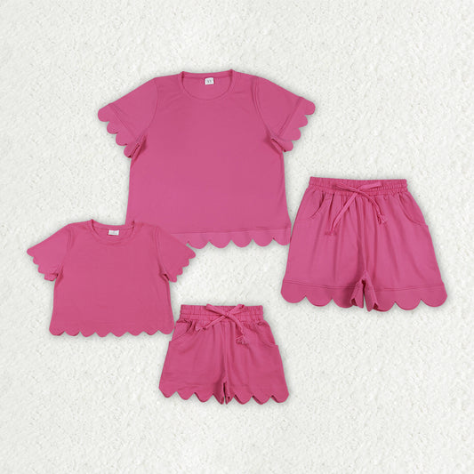 Mama and Me Girls Hot Pink Top Pockets Short Scallop Cotton Clothes Sets